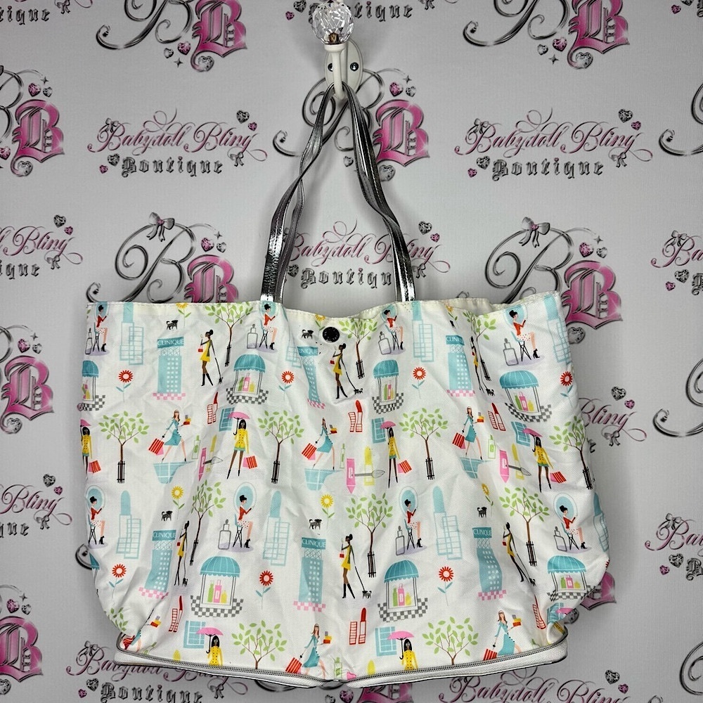 Clinique fold up bag tote silver Stylish Women's Tote Bag with Fashion Print